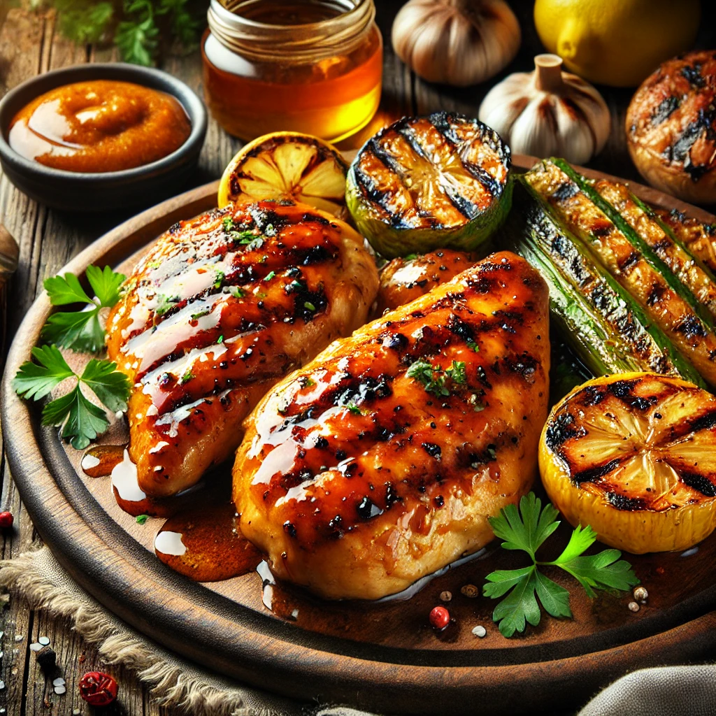 Juicy, golden-brown grilled chicken breasts coated in a glossy honey mustard glaze, garnished with fresh parsley and served with grilled vegetables on a rustic wooden table.