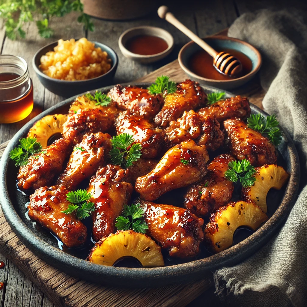 Honey Pineapple Chicken Wings served on a rustic platter, golden brown and glazed with a sticky honey-pineapple sauce, garnished with fresh parsley. The setup includes a small bowl of crushed pineapple, a drizzle of honey, and a linen napkin, styled on a weathered wooden table with soft natural lighting for a warm and inviting presentation.