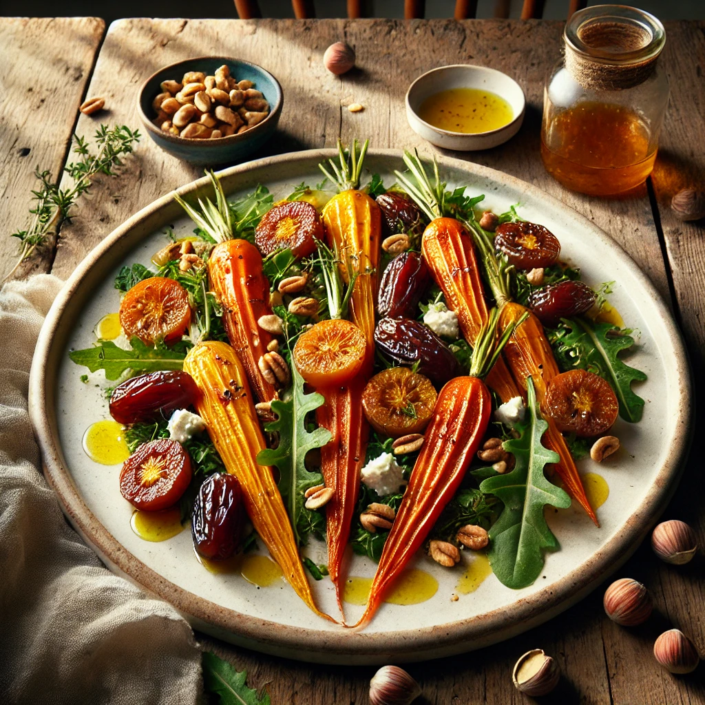 A vibrant salad with honey-roasted heirloom carrots, caramelized at the edges, served on a white ceramic platter. Garnished with chopped hazelnuts, diced Medjool dates, crumbled goat cheese, and fresh dandelion greens. The dish is lightly drizzled with Moroccan-style dressing, accompanied by thyme sprigs and a jar of dressing on a rustic wooden table.