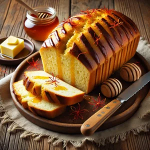 A beautifully plated loaf of Honey and Saffron Loaf served on a rustic wooden table. The bread has a golden-brown crust with a soft, fragrant interior infused with honey and saffron. Lightly drizzled with honey and garnished with saffron strands. Sliced and arranged on a wooden cutting board, served with a side of butter and a small dish of honey. The warm wooden table is more visible, providing a cozy and inviting setting.