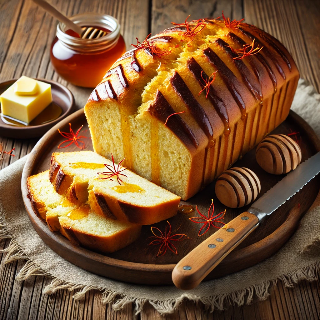 A beautifully plated loaf of Honey and Saffron Loaf served on a rustic wooden table. The bread has a golden-brown crust with a soft, fragrant interior infused with honey and saffron. Lightly drizzled with honey and garnished with saffron strands. Sliced and arranged on a wooden cutting board, served with a side of butter and a small dish of honey. The warm wooden table is more visible, providing a cozy and inviting setting.