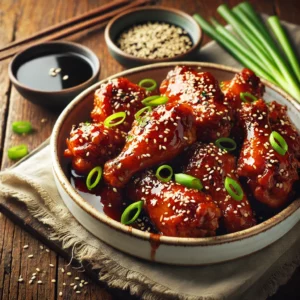 A beautifully plated dish of Honey and Soy Sauce Chicken Wings served on a rustic wooden table. The dish features crispy, golden-brown chicken wings coated in a glossy, caramelized honey and soy sauce glaze. Garnished with sesame seeds and finely chopped green onions. Served in a white ceramic dish with a side of dipping sauce. The warm wooden table is more visible, providing a cozy and inviting setting.