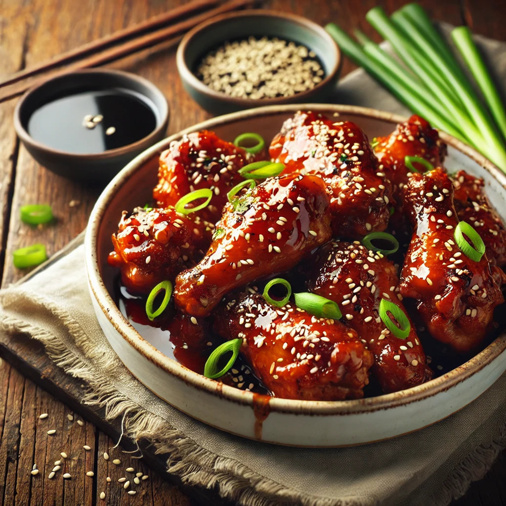 A beautifully plated dish of Honey and Soy Sauce Chicken Wings served on a rustic wooden table. The dish features crispy, golden-brown chicken wings coated in a glossy, caramelized honey and soy sauce glaze. Garnished with sesame seeds and finely chopped green onions. Served in a white ceramic dish with a side of dipping sauce. The warm wooden table is more visible, providing a cozy and inviting setting.