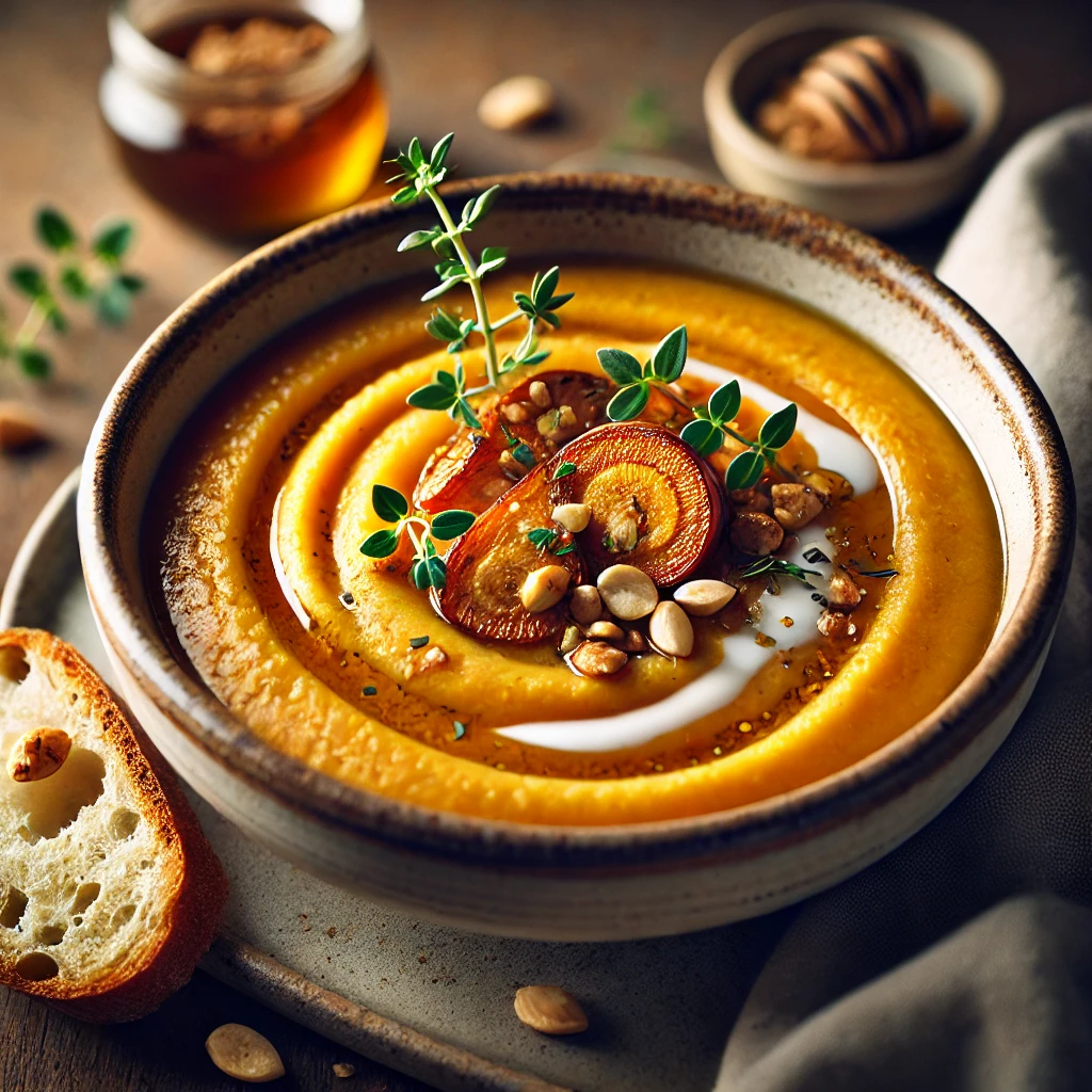 A beautifully plated bowl of honey-roasted parsnip soup, featuring a smooth, golden-hued puree made from caramelized parsnips roasted with honey. The bowl rests on a wooden table with soft, natural lighting, emphasizing the warm and comforting presentation.