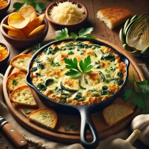 A rustic presentation of hot artichoke and spinach dip, elegantly arranged on a wooden table. The creamy, cheesy dip is served in a cast-iron skillet, bubbling with melted cheese and golden brown on top. Freshly chopped parsley and grated Parmesan garnish the dip. Surrounding the skillet are toasted bread slices, pita chips, and fresh vegetable sticks for dipping. Soft natural lighting enhances the warm and inviting feel, with gentle shadows and a hint of rustic kitchen elements in the background.