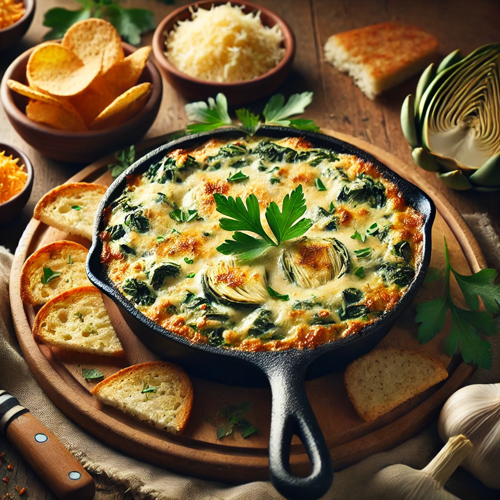 A rustic presentation of hot artichoke and spinach dip, elegantly arranged on a wooden table. The creamy, cheesy dip is served in a cast-iron skillet, bubbling with melted cheese and golden brown on top. Freshly chopped parsley and grated Parmesan garnish the dip. Surrounding the skillet are toasted bread slices, pita chips, and fresh vegetable sticks for dipping. Soft natural lighting enhances the warm and inviting feel, with gentle shadows and a hint of rustic kitchen elements in the background.