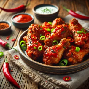 A beautifully plated dish of Hot and Spicy Chicken Wings served on a rustic wooden table. The dish features crispy, golden-brown chicken wings coated in a fiery red hot sauce with a perfect balance of heat and flavor. Garnished with finely chopped green onions and red chili flakes. Served with a side of cooling ranch or blue cheese dipping sauce. The warm wooden table is more visible, providing a cozy and inviting setting.