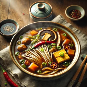 A beautifully plated bowl of Hot & Sour Soup, featuring a rich, dark broth infused with bold flavors of vinegar, soy sauce, and spices. The soup is filled with sliced mushrooms, tofu, bamboo shoots, and shredded carrots, garnished with finely chopped green onions and red chili slices. A light drizzle of sesame oil enhances the glossy texture. Served in a rustic ceramic bowl, the soup is accompanied by a pair of chopsticks and a small dish of soy sauce. The setting rests on a wooden table with soft, natural lighting enhancing the warm and inviting presentation.
