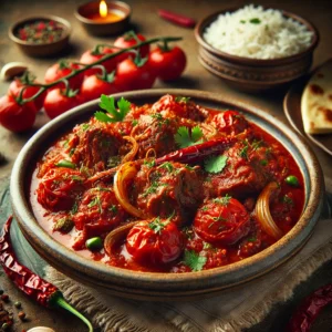 A beautifully plated dish of Hyderabadi Lamb with Tomatoes, featuring tender, slow-cooked lamb pieces in a rich, spiced tomato-based curry. The dish has a deep red hue with hints of caramelized onions, garlic, and aromatic Indian spices such as cardamom, cloves, and cinnamon. Garnished with fresh coriander and thinly sliced green chilies, it is served in a rustic ceramic bowl. Accompanied by fragrant basmati rice and warm naan, the bowl rests on a wooden table with soft, warm lighting enhancing the inviting and flavorful presentation.