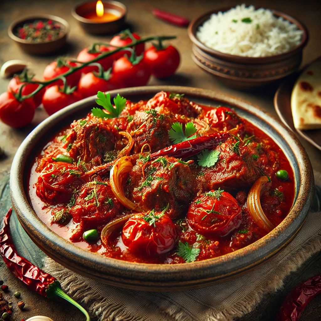 A beautifully plated dish of Hyderabadi Lamb with Tomatoes, featuring tender, slow-cooked lamb pieces in a rich, spiced tomato-based curry. The dish has a deep red hue with hints of caramelized onions, garlic, and aromatic Indian spices such as cardamom, cloves, and cinnamon. Garnished with fresh coriander and thinly sliced green chilies, it is served in a rustic ceramic bowl. Accompanied by fragrant basmati rice and warm naan, the bowl rests on a wooden table with soft, warm lighting enhancing the inviting and flavorful presentation.