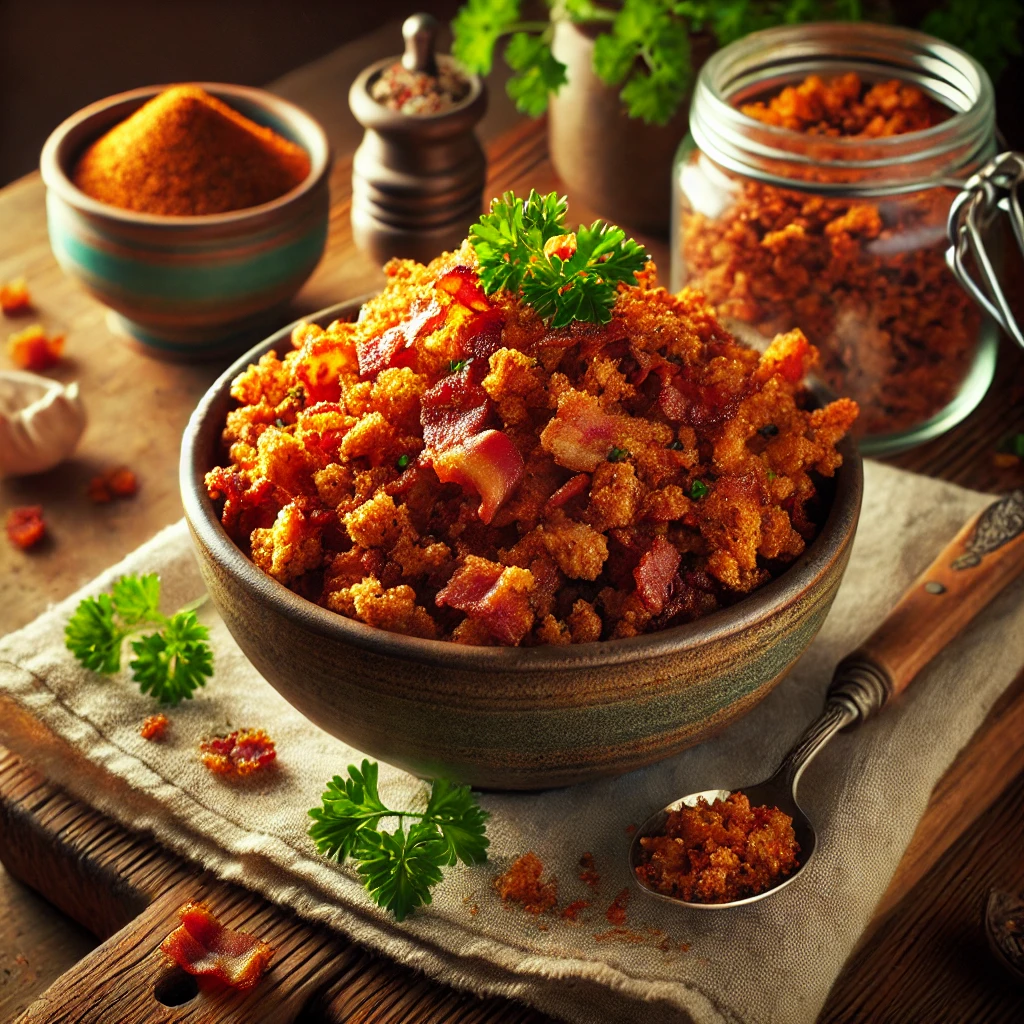 A rustic bowl of crispy imitation bacon bits, seasoned with smoky flavors and garnished with parsley, placed on a wooden table with a jar of bacon bits and a spoon nearby.