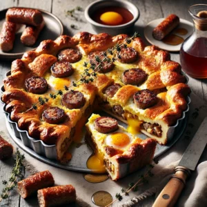 A rustic presentation of impossibly easy maple sausage pie, elegantly arranged on a wooden table. The pie has a golden, flaky crust filled with a savory-sweet mixture of maple-glazed sausage, eggs, and melted cheese. A slice is cut and placed on a small plate, showcasing the rich, hearty filling. Fresh thyme sprigs and a drizzle of maple syrup garnish the dish. Scattered around are crispy sausage links, a small dish of syrup, and a wooden knife for serving. Soft natural lighting enhances the warm and comforting feel, with gentle shadows and a hint of rustic kitchen elements in the background.