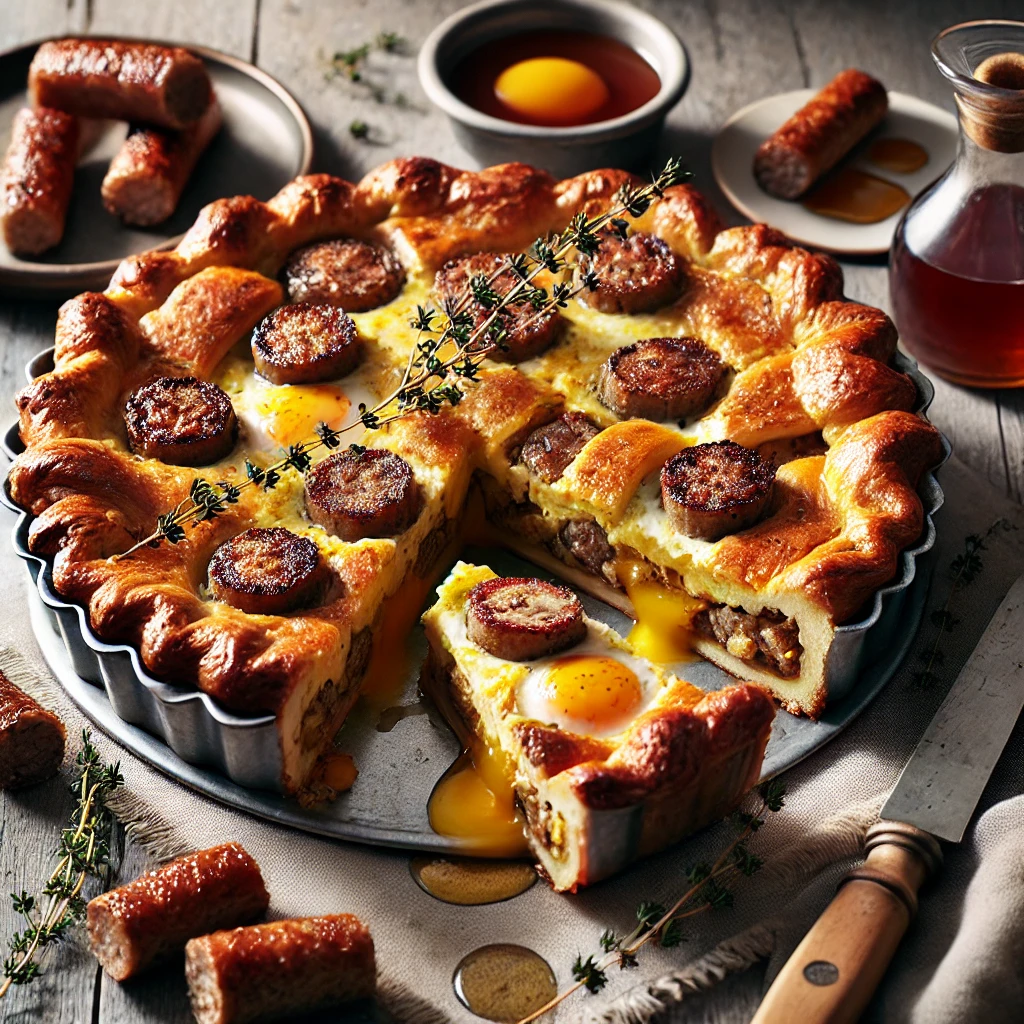 A rustic presentation of impossibly easy maple sausage pie, elegantly arranged on a wooden table. The pie has a golden, flaky crust filled with a savory-sweet mixture of maple-glazed sausage, eggs, and melted cheese. A slice is cut and placed on a small plate, showcasing the rich, hearty filling. Fresh thyme sprigs and a drizzle of maple syrup garnish the dish. Scattered around are crispy sausage links, a small dish of syrup, and a wooden knife for serving. Soft natural lighting enhances the warm and comforting feel, with gentle shadows and a hint of rustic kitchen elements in the background.