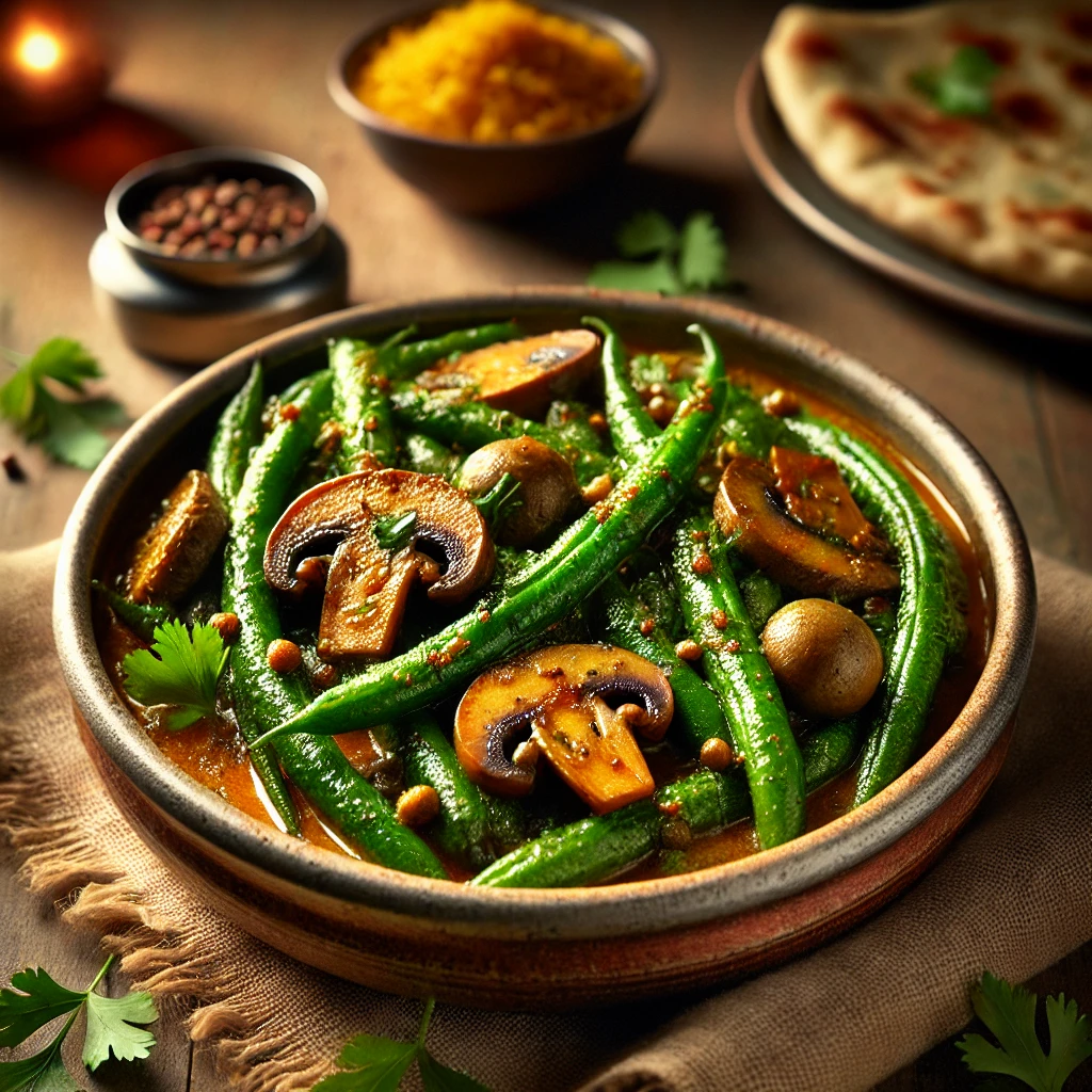 A beautifully plated dish of Indian Green Beans with Mushrooms, featuring tender green beans and sautéed mushrooms cooked in a fragrant blend of Indian spices like cumin, turmeric, and coriander. The dish has a vibrant green and golden-brown hue, with a slight glaze from the seasoning. Garnished with fresh coriander and a sprinkle of mustard seeds, it is served in a rustic ceramic bowl. Accompanied by warm naan and a side of basmati rice, the bowl rests on a wooden table with soft, warm lighting enhancing the inviting and flavorful presentation.