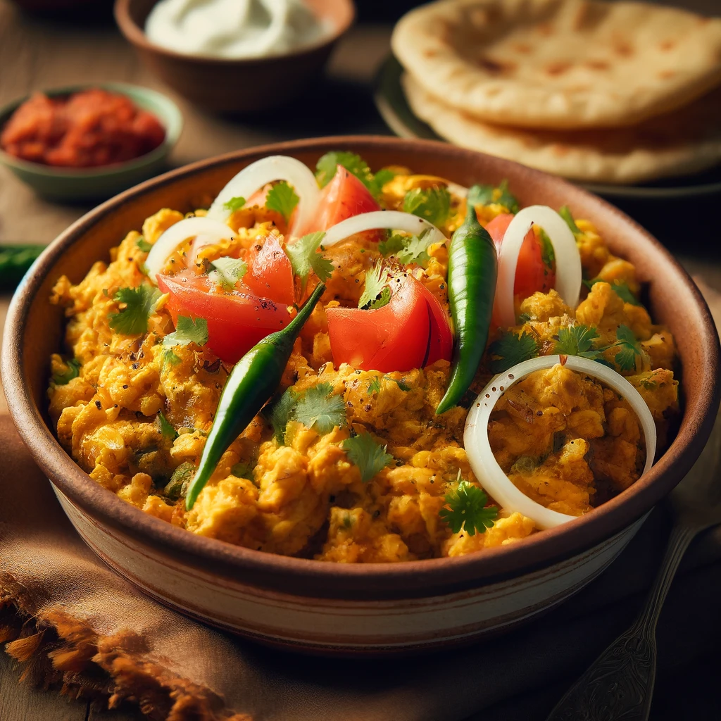 A beautifully plated dish of Scrambled Eggs, Indian Style, featuring fluffy, golden scrambled eggs cooked with finely chopped onions, tomatoes, green chilies, and fresh coriander. The eggs have a slightly soft texture with vibrant pops of red and green from the ingredients. Served in a rustic ceramic bowl, accompanied by warm parathas and a side of yogurt. The bowl rests on a wooden table, with soft, warm lighting enhancing the inviting and flavorful presentation.