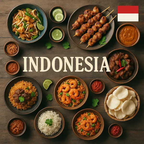 Top-down view of a rustic wooden table featuring a variety of traditional Indonesian dishes arranged around a central sign labeled INDONESIA, with the Indonesian flag in the top right corner. Includes satay skewers, rendang, fried rice, gado-gado, prawn crackers, white rice, and spicy sambals, all served in wooden and ceramic bowls and plates.