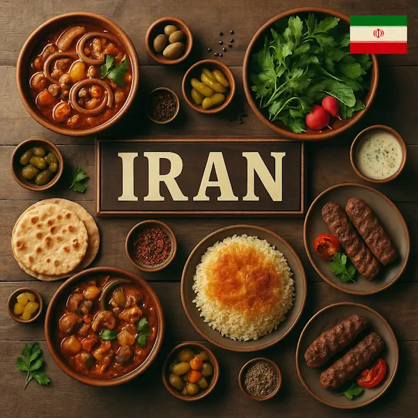 Top-down view of a rustic wooden table featuring a variety of traditional Iranian dishes arranged around a central sign labeled IRAN, with the Iranian flag in the top right corner. Includes Abgoosht, koobideh kebabs, Persian rice with tahdig, fresh herbs, flatbread, pickles, and yogurt dip, all served in wooden and ceramic bowls and plates.