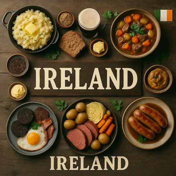 Top-down view of a rustic wooden table featuring a variety of traditional Irish dishes arranged around a central sign labeled IRELAND, with the Irish flag in the top right corner. Includes Irish beef stew, colcannon, black and white pudding, soda bread, sausages, mashed potatoes, carrots, and a pint of stout, all served in wooden and ceramic bowls and plates.