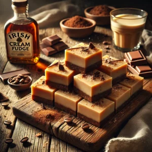 A rustic presentation of Irish cream fudge, elegantly arranged on a wooden table. The fudge is cut into smooth, creamy squares with a rich caramel-brown hue, stacked neatly on a wooden cutting board. A drizzle of chocolate and a sprinkle of sea salt add a gourmet touch, with a few pieces garnished with cocoa powder. Scattered around are chocolate shavings, coffee beans, and a small glass of Irish cream liqueur. Soft natural lighting enhances the warm and indulgent feel, with gentle shadows and a hint of rustic charm in the background.