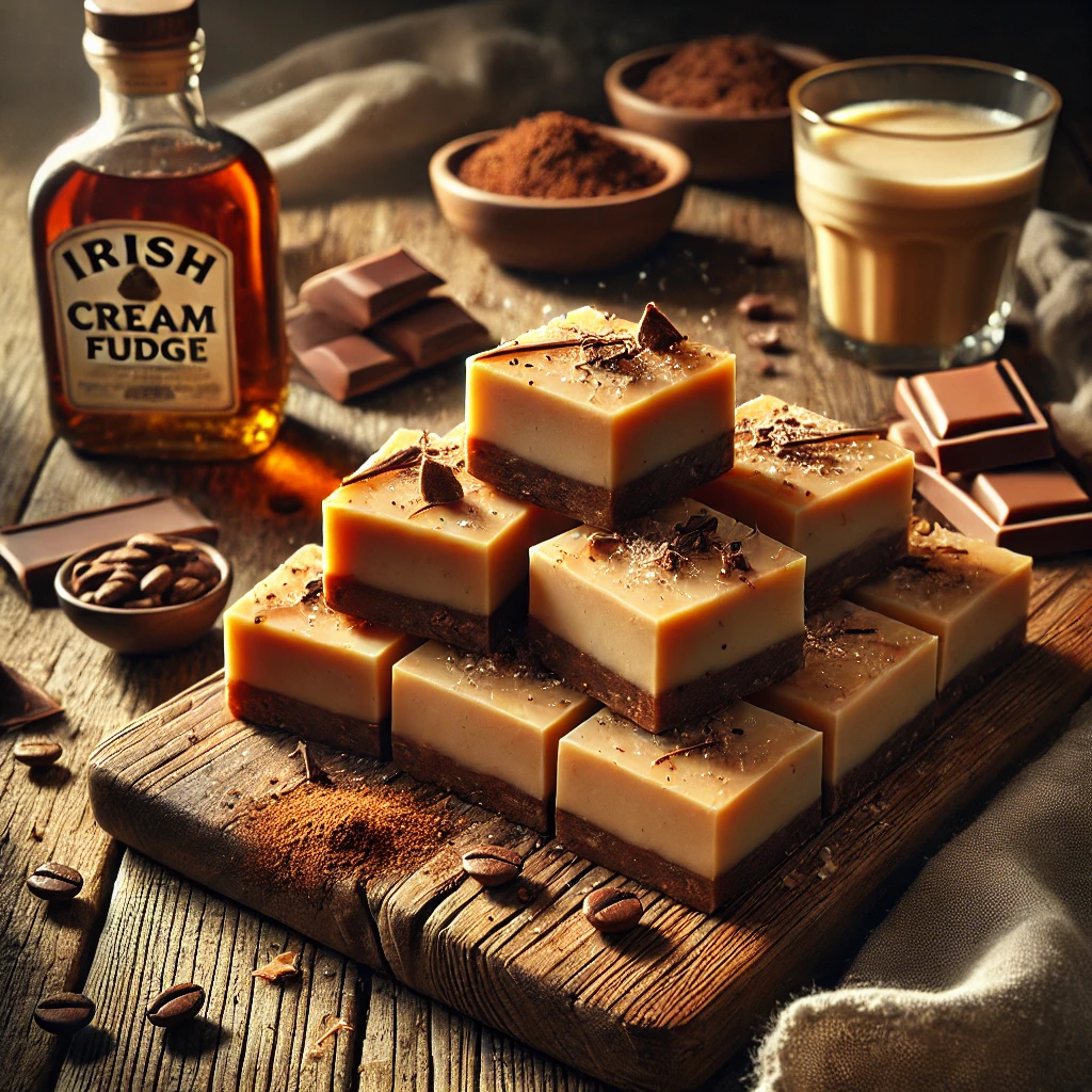 A rustic presentation of Irish cream fudge, elegantly arranged on a wooden table. The fudge is cut into smooth, creamy squares with a rich caramel-brown hue, stacked neatly on a wooden cutting board. A drizzle of chocolate and a sprinkle of sea salt add a gourmet touch, with a few pieces garnished with cocoa powder. Scattered around are chocolate shavings, coffee beans, and a small glass of Irish cream liqueur. Soft natural lighting enhances the warm and indulgent feel, with gentle shadows and a hint of rustic charm in the background.
