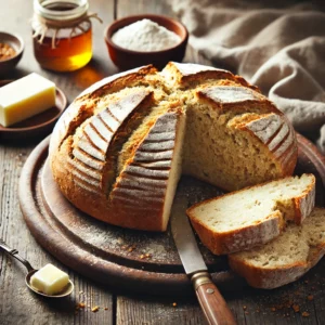 A freshly baked Irish soda bread on a rustic wooden table, featuring a golden-brown, crusty exterior with a signature cross-cut on top. A few slices are cut to reveal the soft, dense interior with a slightly crumbly texture. The loaf rests on a wooden cutting board, accompanied by a small dish of butter, a butter knife, and scattered flour for a homemade feel. Soft natural lighting enhances the warm, inviting tones.