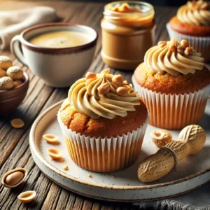 A cozy and inviting presentation of Irresistible Peanut Butter Muffins served on a white ceramic plate. The muffins are golden brown with a creamy peanut butter swirl on top, garnished with crushed peanuts. The setup includes a small jar of peanut butter, a bowl of peanuts, and a cup of coffee on a rustic wooden table, illuminated by bright natural light to highlight their warm and nutty appeal, perfect for breakfast or a midday snack.