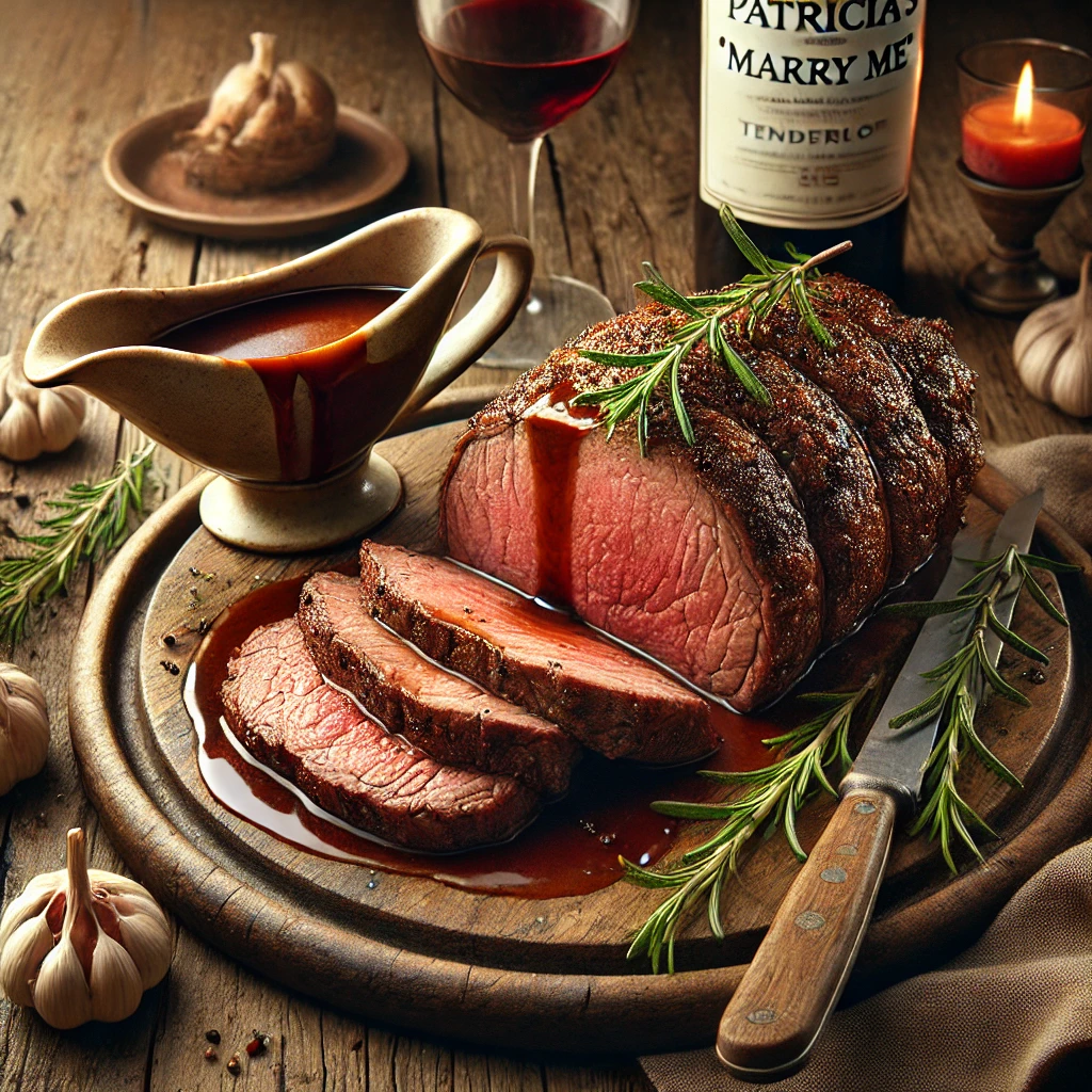 A rustic wooden platter showcasing Patricia's "Marry Me" Roast Beef Tenderloin, perfectly roasted and sliced to reveal a juicy, medium-rare center. The dish is garnished with fresh rosemary sprigs, accompanied by a ceramic gravy boat filled with glossy red wine gravy. Fresh garlic cloves, a bottle of red wine, and a wooden spoon are arranged around the platter on a wooden table for a warm and inviting presentation.