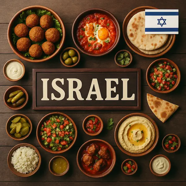 Top-down view of a rustic wooden table featuring a variety of traditional Israeli dishes arranged around a central sign labeled ISRAEL, with the Israeli flag in the top right corner. Includes falafel, shakshuka, hummus, pita bread, Israeli salad, pickles, and rice, all served in wooden and ceramic bowls and plates.