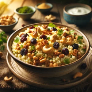 Israeli Couscous with Curry, Cashews, and Currants in a rustic ceramic bowl, featuring pearl-like couscous infused with curry spices, toasted cashews, and sweet currants. Garnished with fresh cilantro, set on a wooden table with a bowl of yogurt sauce and a glass of iced herbal tea in the softly blurred background.