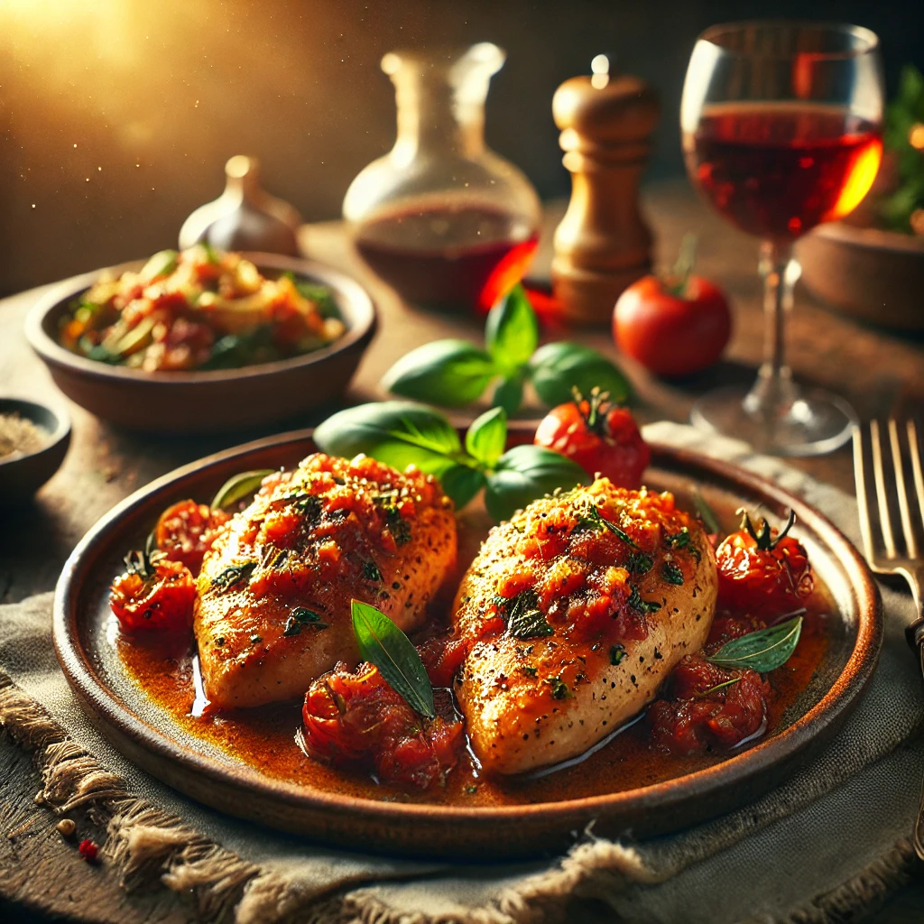 Italian Chicken Breasts on a rustic ceramic plate, featuring golden-seared chicken in a tomato and herb sauce with garlic, basil, and oregano. Garnished with fresh basil and Parmesan, set on a wooden table with roasted vegetables and a glass of red wine in the softly blurred background.