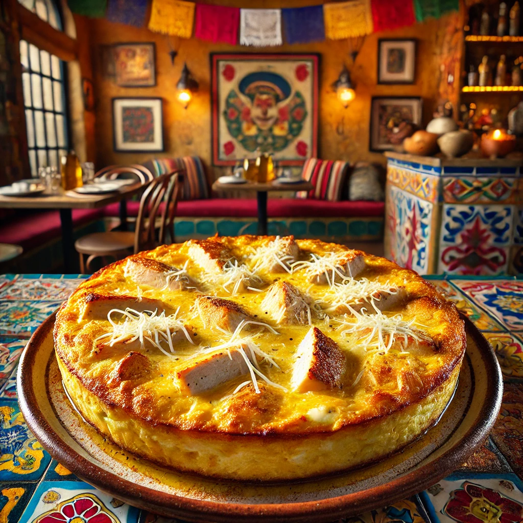 Italian chicken and cheese frittata with golden top, served in a cozy, Mexican-inspired kitchen setting.