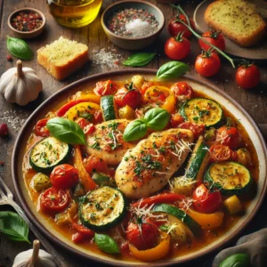 Tender pan-seared chicken breasts with a golden crust, cooked with zucchini, bell peppers, and cherry tomatoes in a flavorful Italian herb sauce, garnished with fresh basil and Parmesan.