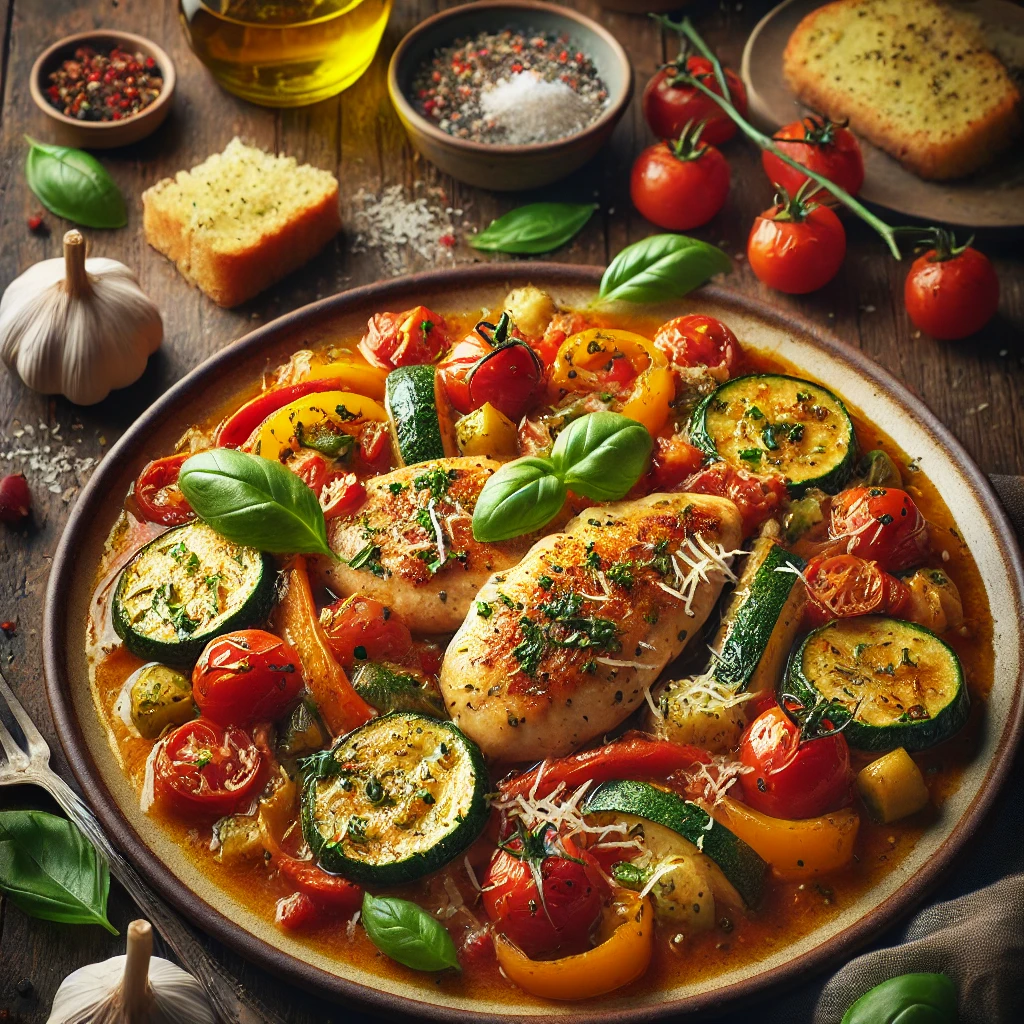 Tender pan-seared chicken breasts with a golden crust, cooked with zucchini, bell peppers, and cherry tomatoes in a flavorful Italian herb sauce, garnished with fresh basil and Parmesan.