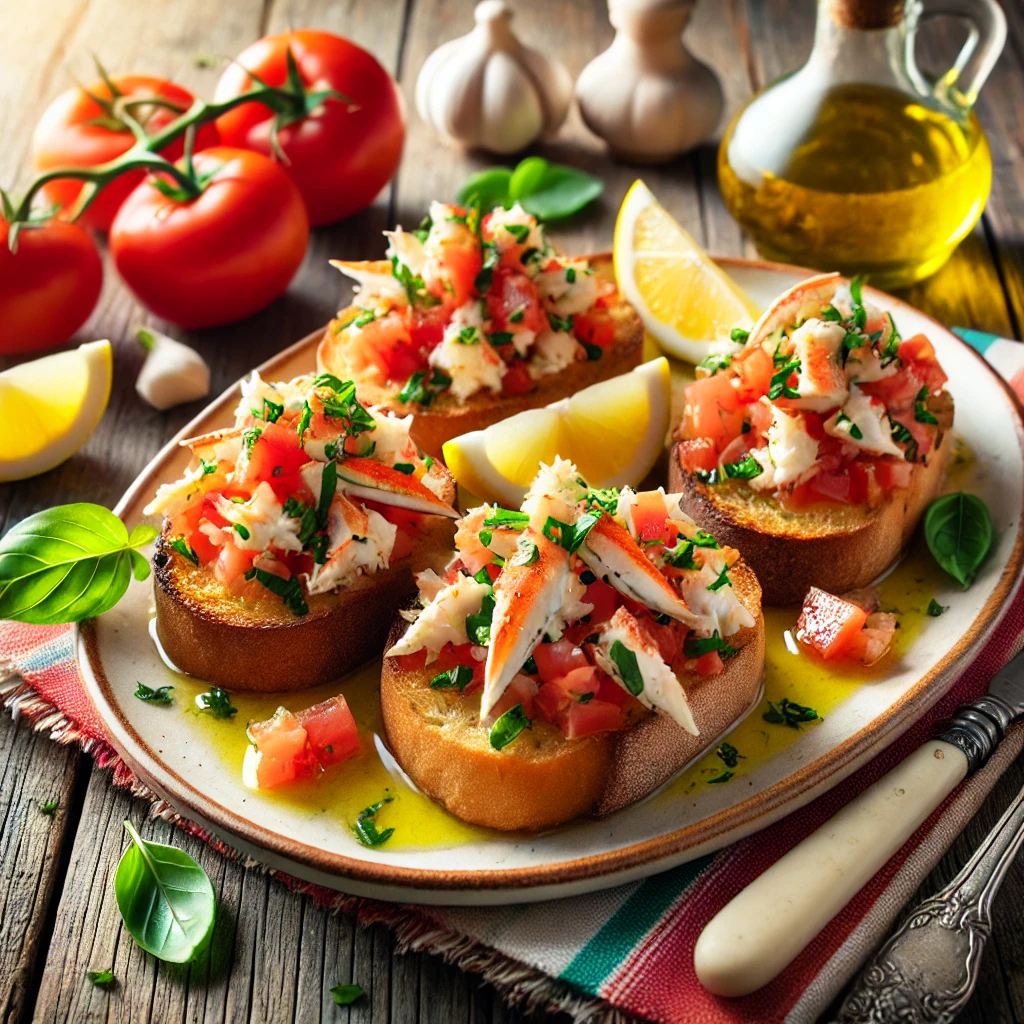A beautifully presented plate of Italian Crab Bruschetta Delight, featuring crispy toasted bread topped with fresh crab, diced tomatoes, garlic, and basil, drizzled with olive oil. The dish is garnished with fresh parsley and lemon wedges, styled on a rustic wooden table with a colorful Italian tablecloth and a small bottle of olive oil, in bright natural lighting.