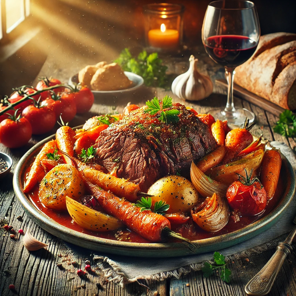 Italian Pot Roast on a rustic ceramic platter, featuring slow-cooked beef in a rich tomato-based sauce with garlic, onions, and Italian herbs. Surrounded by roasted carrots, potatoes, and bell peppers, garnished with fresh parsley. Set on a wooden table with crusty bread and a glass of red wine in the softly blurred background.