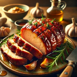 A rustic plate of honey-roasted pork loin, sliced and topped with a caramelized honey glaze and fresh Italian herbs. The pork has a golden-brown crust, with a small bowl of mustard and fresh garlic cloves nearby. Soft natural light highlights the juicy texture and rich color of the pork, giving the dish a warm, appetizing look.