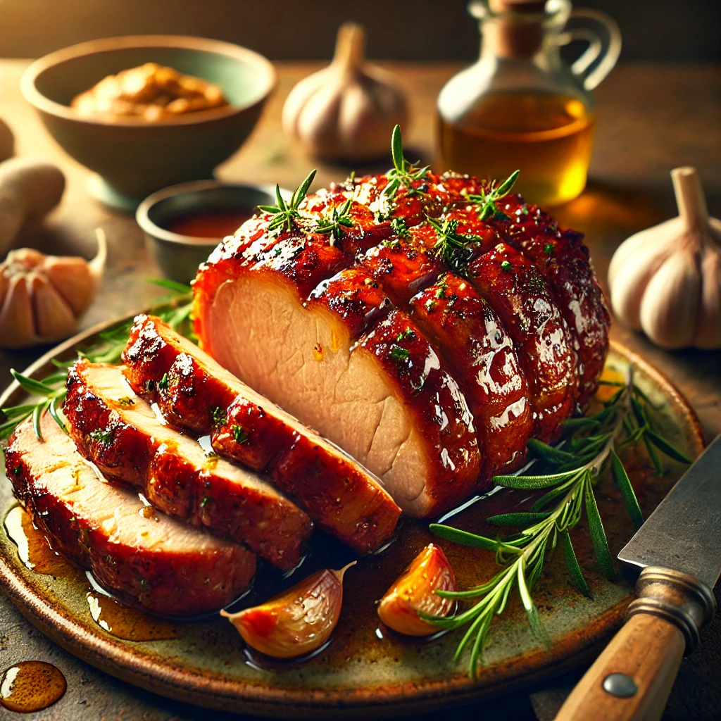A rustic plate of honey-roasted pork loin, sliced and topped with a caramelized honey glaze and fresh Italian herbs. The pork has a golden-brown crust, with a small bowl of mustard and fresh garlic cloves nearby. Soft natural light highlights the juicy texture and rich color of the pork, giving the dish a warm, appetizing look.