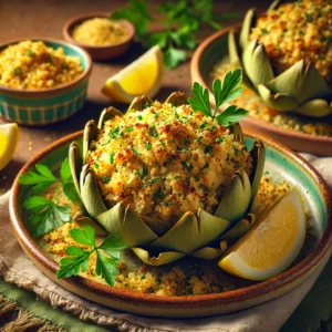 Italian-Style Stuffed Artichokes filled with a golden breadcrumb mixture seasoned with garlic, parsley, and lemon zest, garnished with parsley and lemon wedges, served on a ceramic plate with breadcrumbs and lemon in the background.