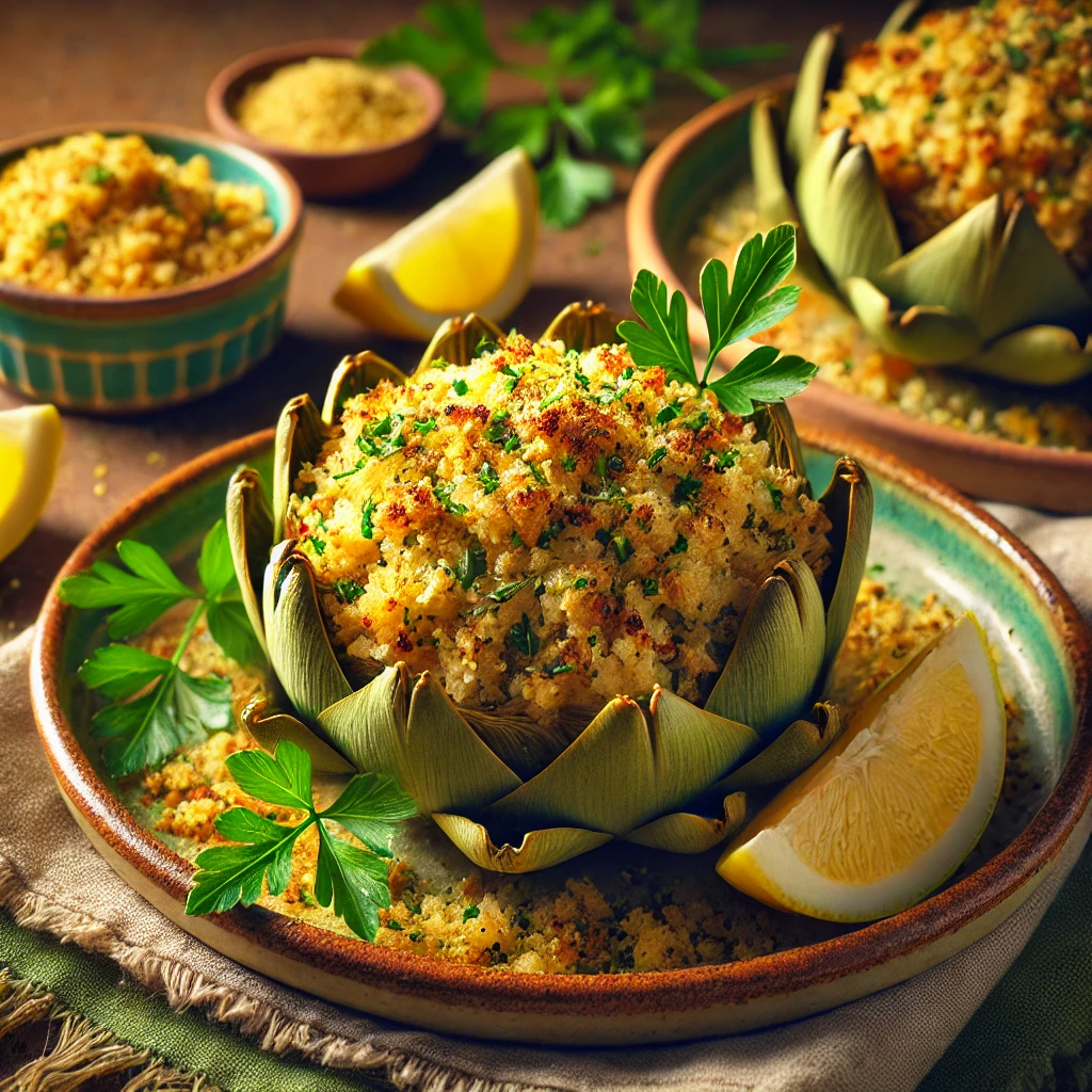 Italian-Style Stuffed Artichokes filled with a golden breadcrumb mixture seasoned with garlic, parsley, and lemon zest, garnished with parsley and lemon wedges, served on a ceramic plate with breadcrumbs and lemon in the background.