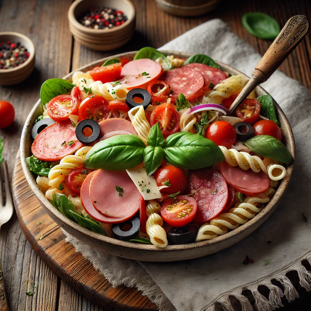 A bowl of Italian sub pasta salad with tender pasta, sliced salami, ham, pepperoni, cherry tomatoes, black olives, red onion, and banana peppers, tossed in a tangy Italian dressing on a rustic wooden table. Garnished with shredded mozzarella and fresh basil, with a serving spoon lifting a portion to reveal the vibrant ingredients. A cozy napkin and wooden plate enhance the warm, inviting atmosphere.