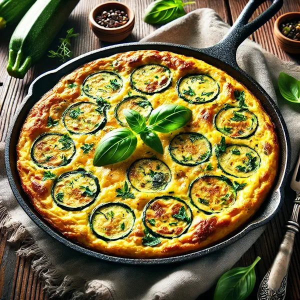 Ultra-sharp image of a golden, fluffy frittata with zucchini slices and fresh herbs, served in a cast iron skillet on a rustic wooden dining table. Garnished with parsley and basil, with a fork and linen napkin nearby, captured in bright natural light.