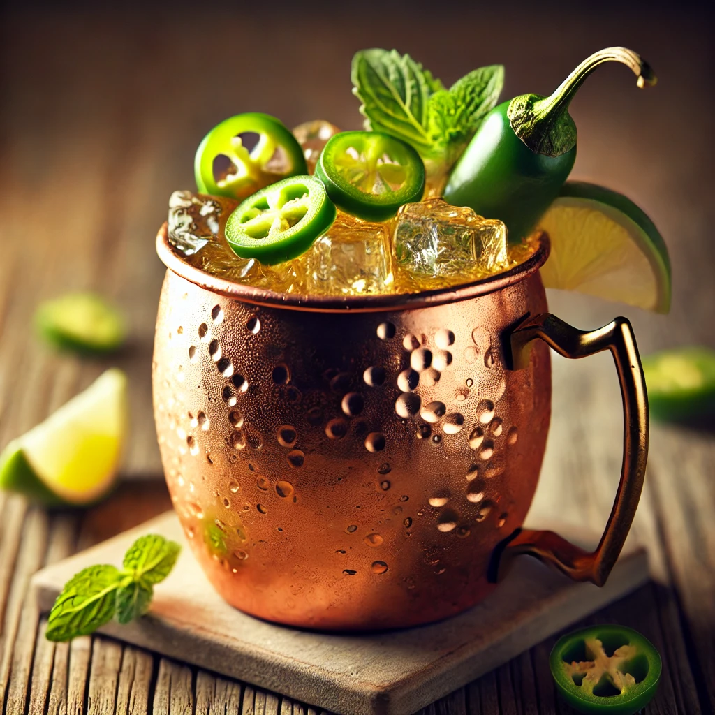 A beautifully crafted Jalapeño Moscow Mule cocktail served in a classic copper mug filled with ice, garnished with thin slices of jalapeño, a lime wedge, and a sprig of mint. The mug rests on a rustic wooden table with soft, natural lighting, emphasizing the bold and refreshing appeal of the cocktail.