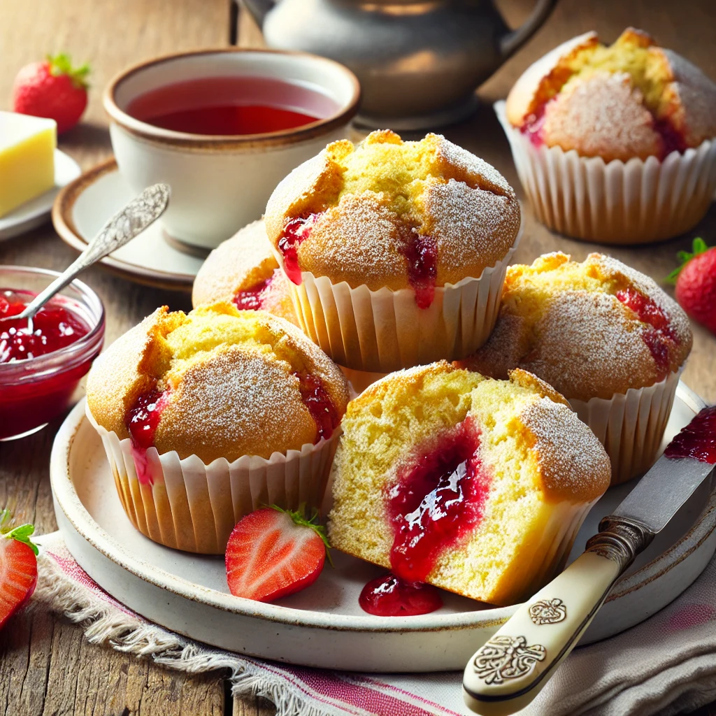 A vibrant and inviting presentation of Jam-Filled Soda Bread Muffins served on a white ceramic plate. The muffins are golden brown with a visible jam filling slightly oozing out, garnished with a light dusting of powdered sugar. The setup includes a small bowl of strawberry jam, a butter knife, and a cup of tea on a rustic wooden table, illuminated by bright natural light to highlight their homemade and cozy appeal, perfect for breakfast or an afternoon snack.