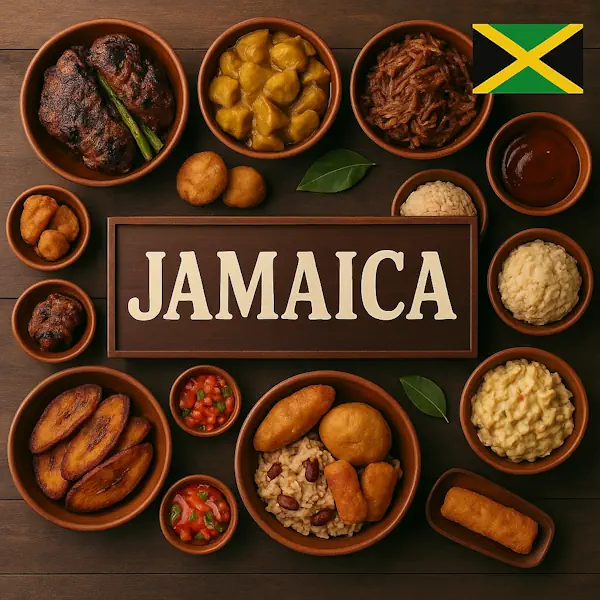 traditional Jamaican cuisine displayed in rustic wooden bowls on a dark wooden table, with a central sign reading “JAMAICA” and the Jamaican flag in the top right corner.