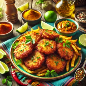 A colorful plate of golden, crispy Jamaican-style fish and potato fritters, garnished with fresh parsley and served with a zesty dipping sauce. The dish is styled on a rustic wooden table with a tropical theme, featuring sliced limes, a vibrant Caribbean-style cloth, and small bowls of spices, evoking the warmth and flavors of the Caribbean.