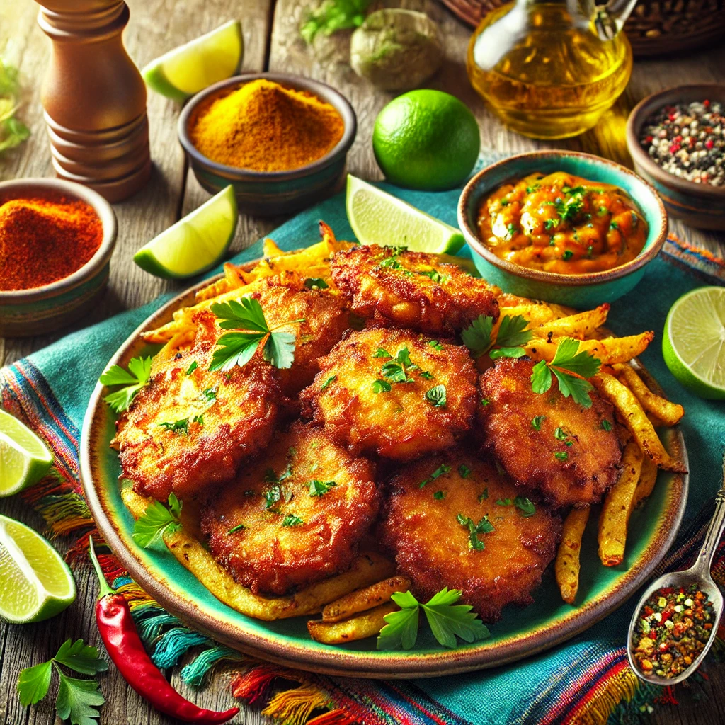 A colorful plate of golden, crispy Jamaican-style fish and potato fritters, garnished with fresh parsley and served with a zesty dipping sauce. The dish is styled on a rustic wooden table with a tropical theme, featuring sliced limes, a vibrant Caribbean-style cloth, and small bowls of spices, evoking the warmth and flavors of the Caribbean.