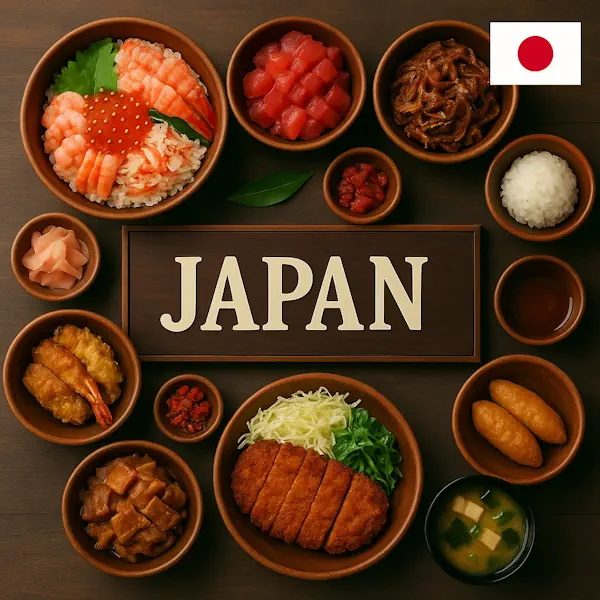 Authentic Japanese food flat lay with sushi, tempura, tonkatsu, miso soup, and rice bowls arranged in rustic wooden dishes, centered around a JAPAN sign with the Japanese flag in the top right corner.