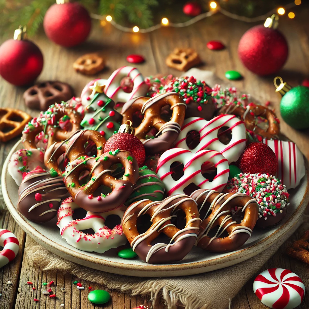 A festive plate of Jingle Bells Chocolate Pretzels on a rustic wooden table, featuring crunchy pretzels coated in smooth milk and white chocolate, decorated with red and green sprinkles. Some pretzels are drizzled with additional chocolate, while others have crushed peppermint or festive candy toppings. Scattered holiday decorations and extra pretzels add to the cheerful presentation. Soft natural lighting enhances the warm, inviting holiday tones.