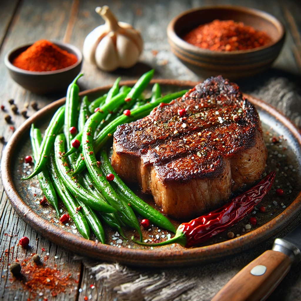 A hearty and appetizing plate of roasted blade steak, seasoned with Cajun spices and cayenne, served alongside tender green beans. The steak is juicy and golden brown, presented on a rustic ceramic plate, with the green beans lightly seasoned with Tabasco and freshly ground black pepper. The setup includes a wooden table, small bowls of spices, and soft natural lighting to enhance the savory and inviting appearance.