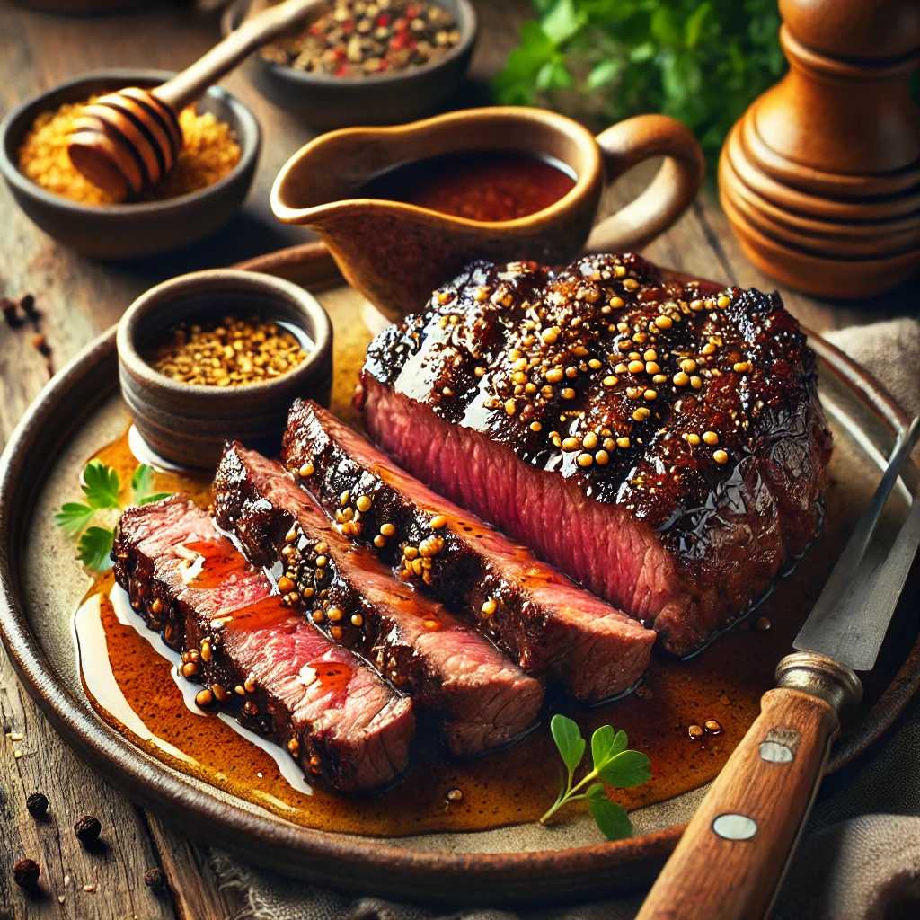 A beautifully plated juicy strip steak, sliced and drizzled with a glossy Shoyu-honey glaze. The steak is garnished with mustard seeds and coriander seeds, served on a rustic ceramic plate. The setting features a wooden table with a small saucepan of sauce and fresh herbs nearby, highlighted by natural lighting to enhance the rich textures and inviting presentation.